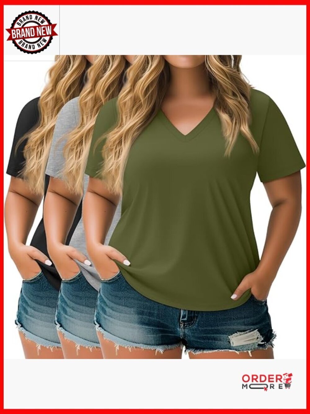 Plus Size 3 Pack V Neck Short Sleeve T Shirts Loose Fit Tees